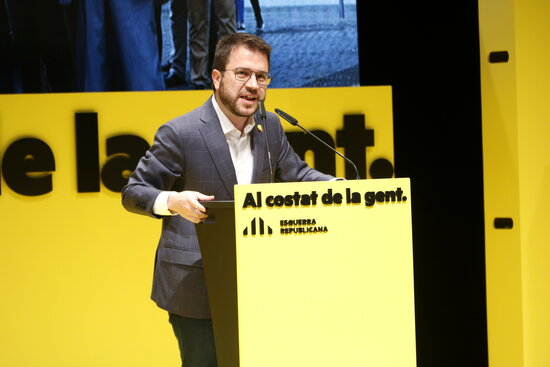 ERC candidate and current interim president Pere Aragonès at a political event in Mataró on January 28, 2020 (by Guillem Roset)
